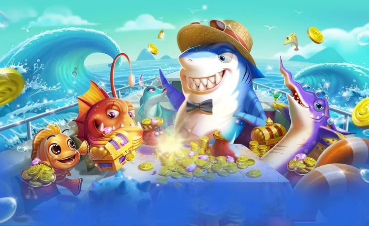 Adegan target ikan dan meriam dalam permainan arcade